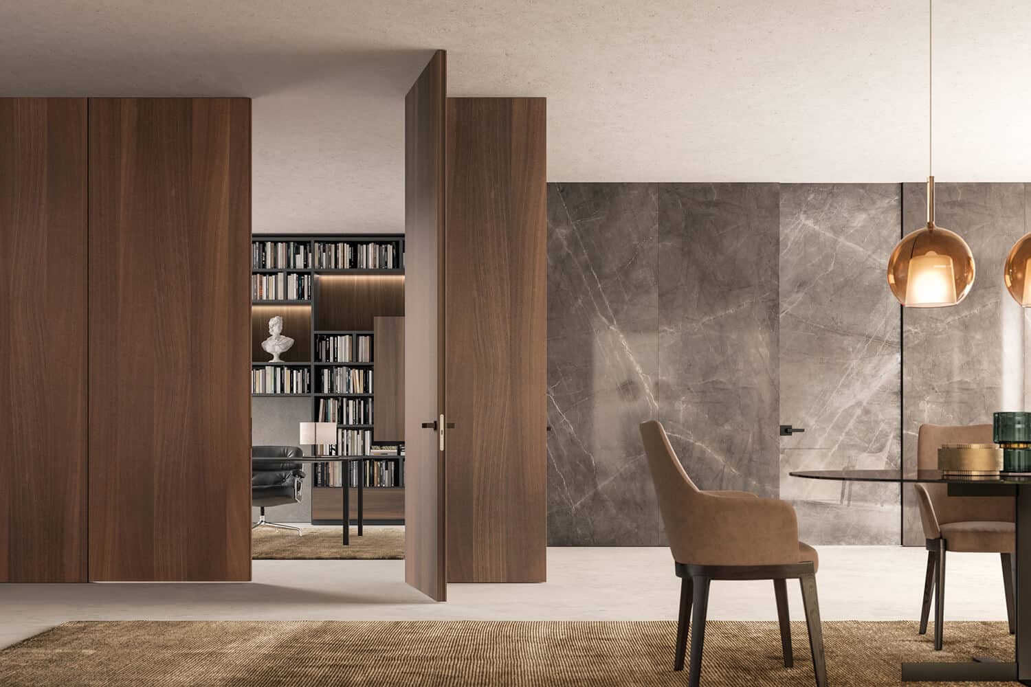 The beauty of the Canaletto walnut doors complements the interiors and elevates the aesthetic quality of the space.