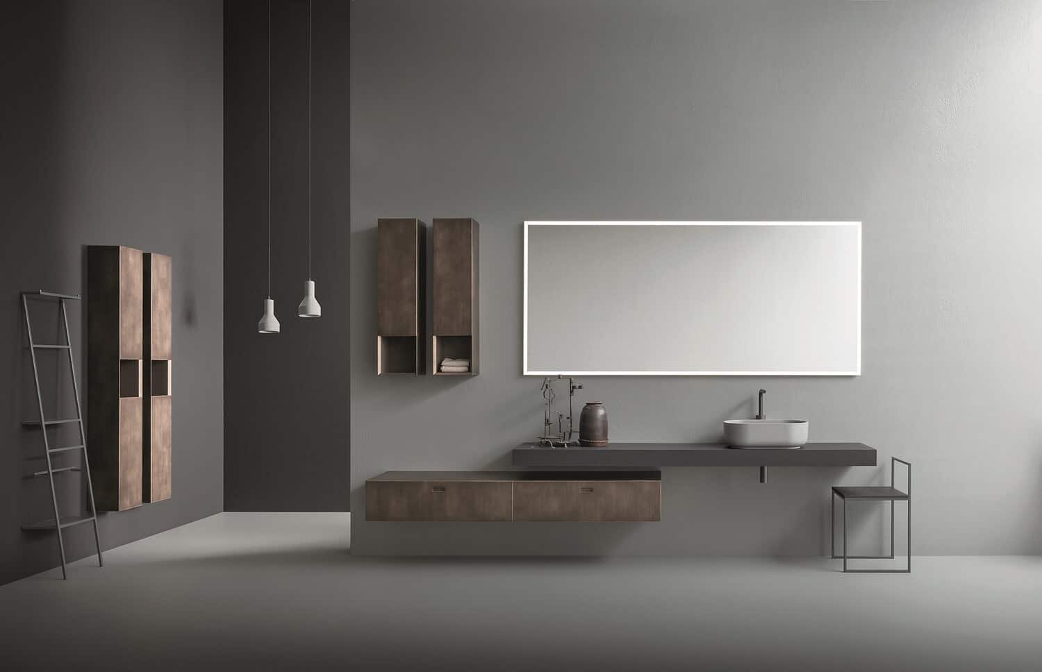 Craft modern bathroom design with industrial/vintage influences. Vanities: Titanio metal. Over-the-counter washbasin: Grigio cement.
