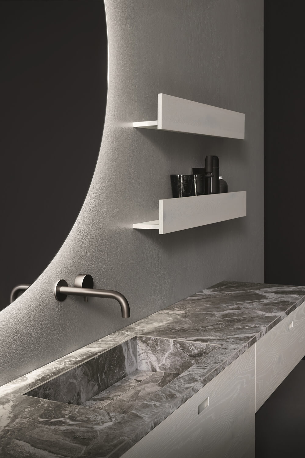 The vanities can be paired with open shelves in matching finish.