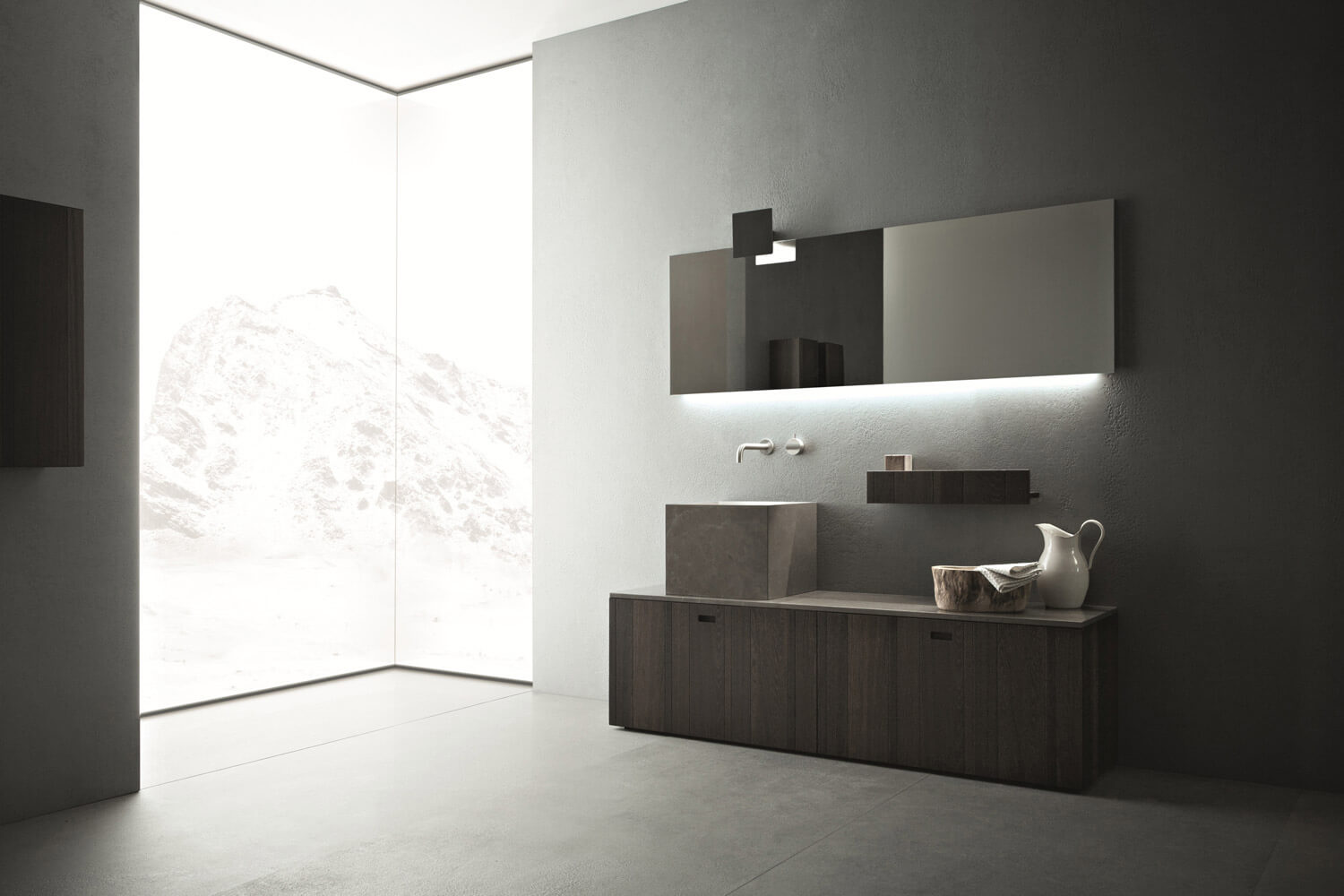 Wood and stone come together in another modern bathroom design.