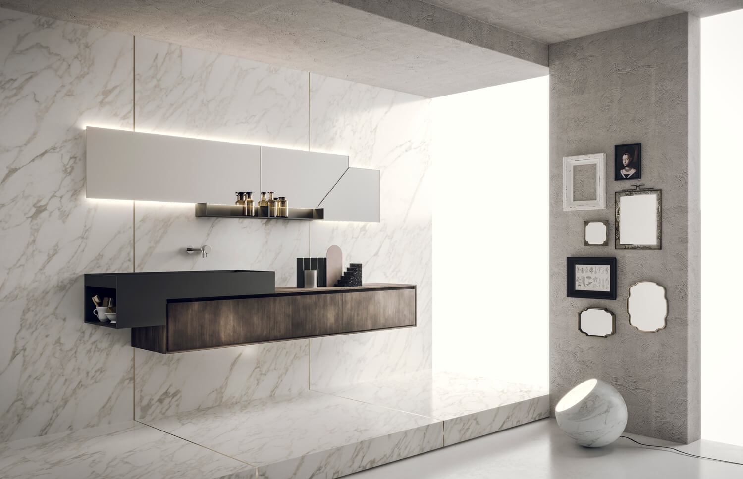 High-end Libera+ bath design. Floating cabinets in Titanium metal. Washbasin in Grigio Scuro cement. Tetris mirror with integrated shelf.