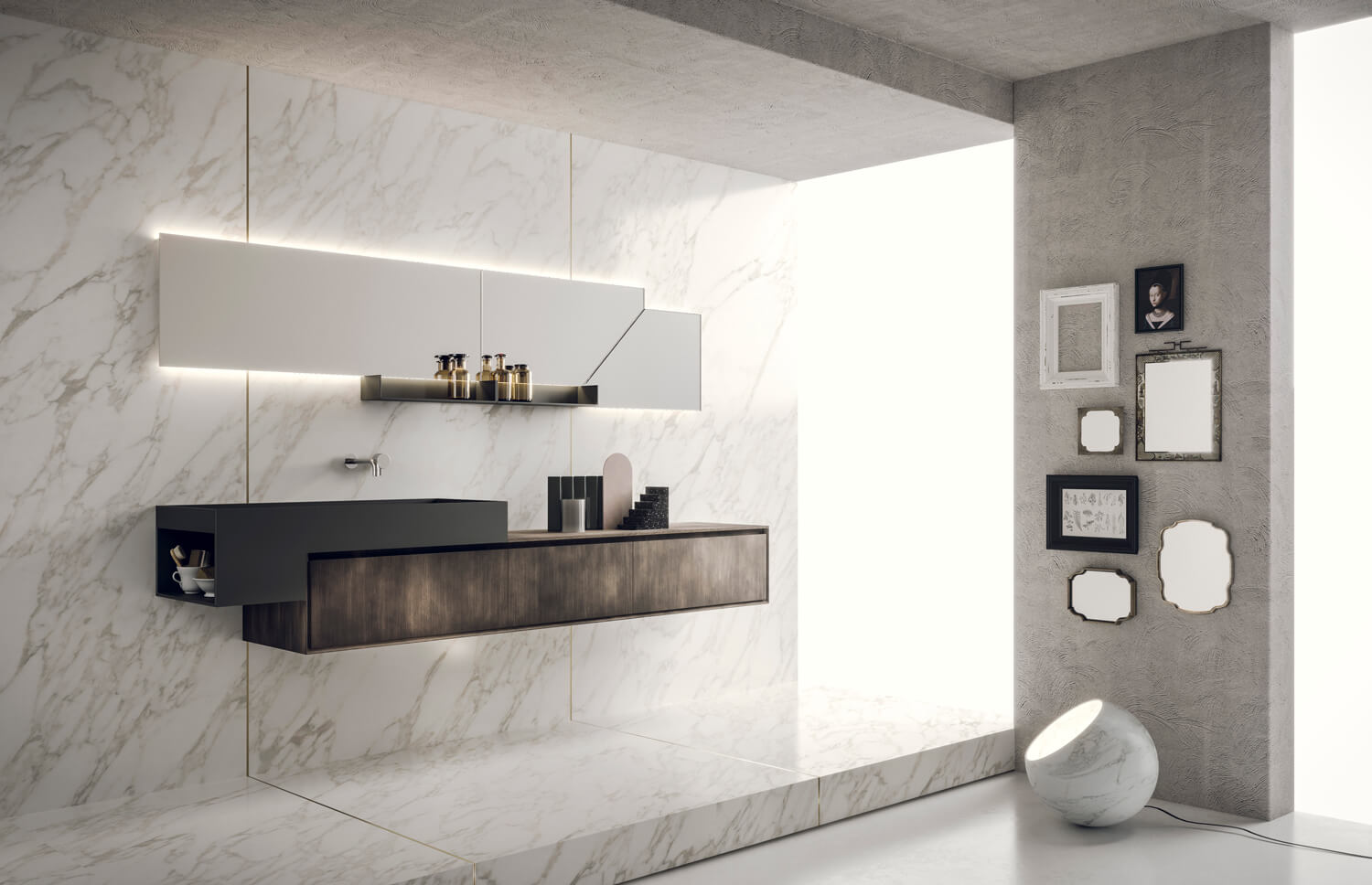 Luxury master bath with floating vanities in Titanium metal with a brushed textured effect.