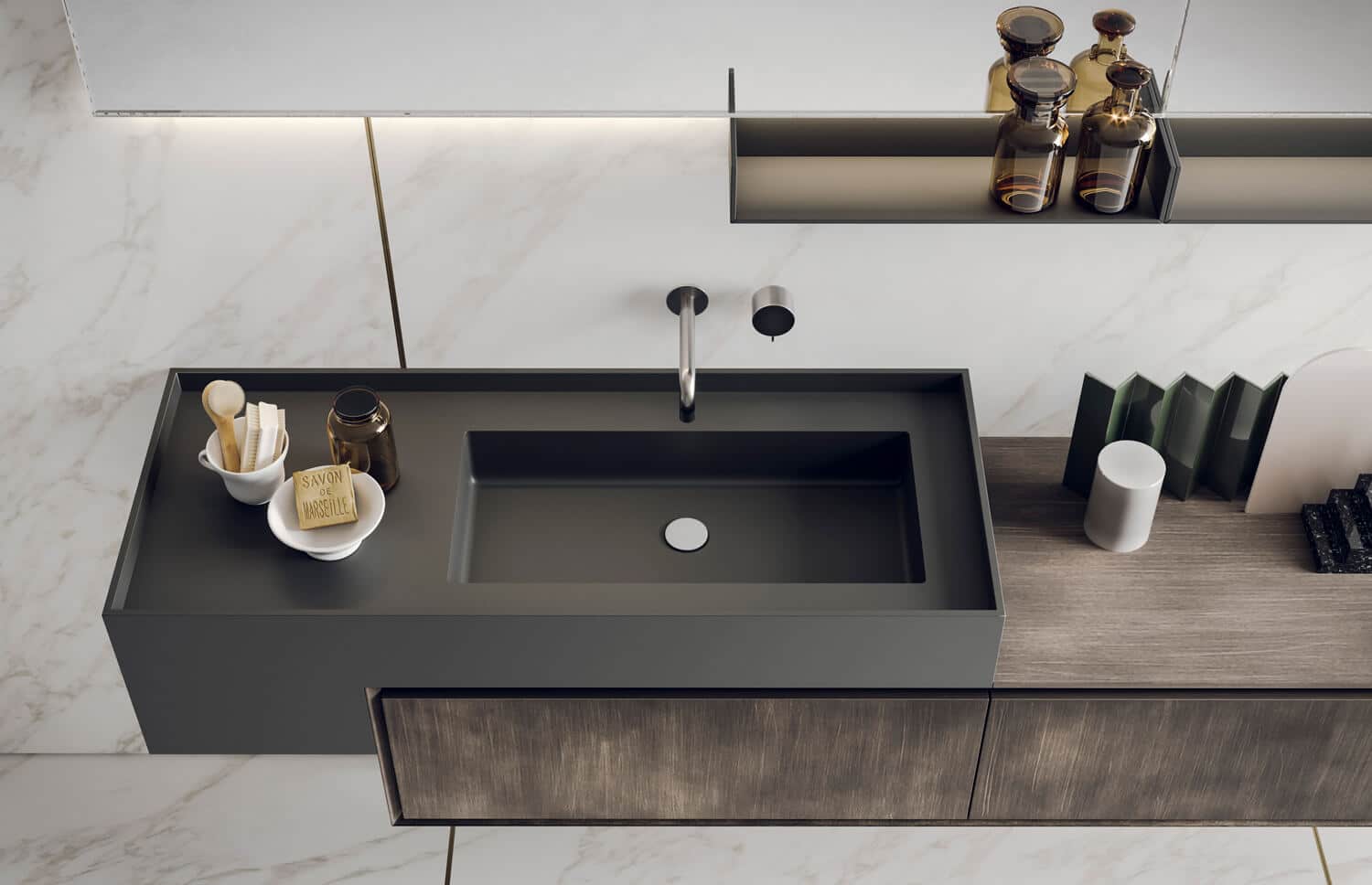 Integrated washbasin in Grigio Scuro cement with all-around lip. Titanium metal cabinet with recessed frame.