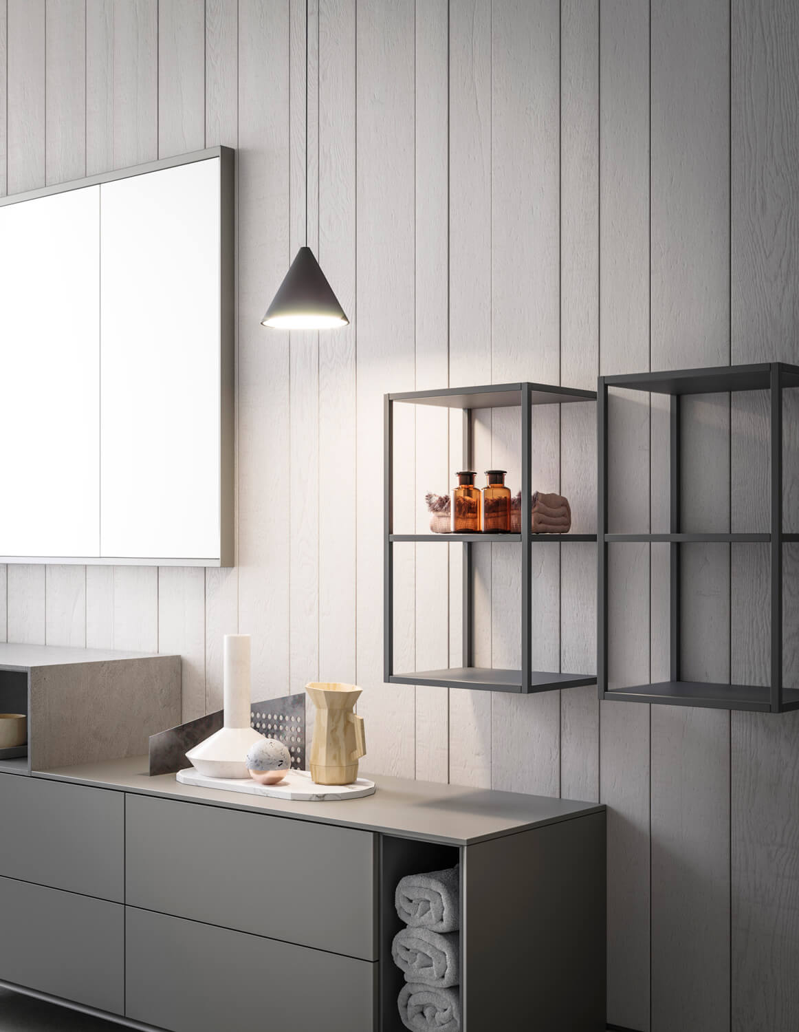 Open units can be built into the vanities or set up as separate shelf systems with metal frames in many sizes and colors. 
