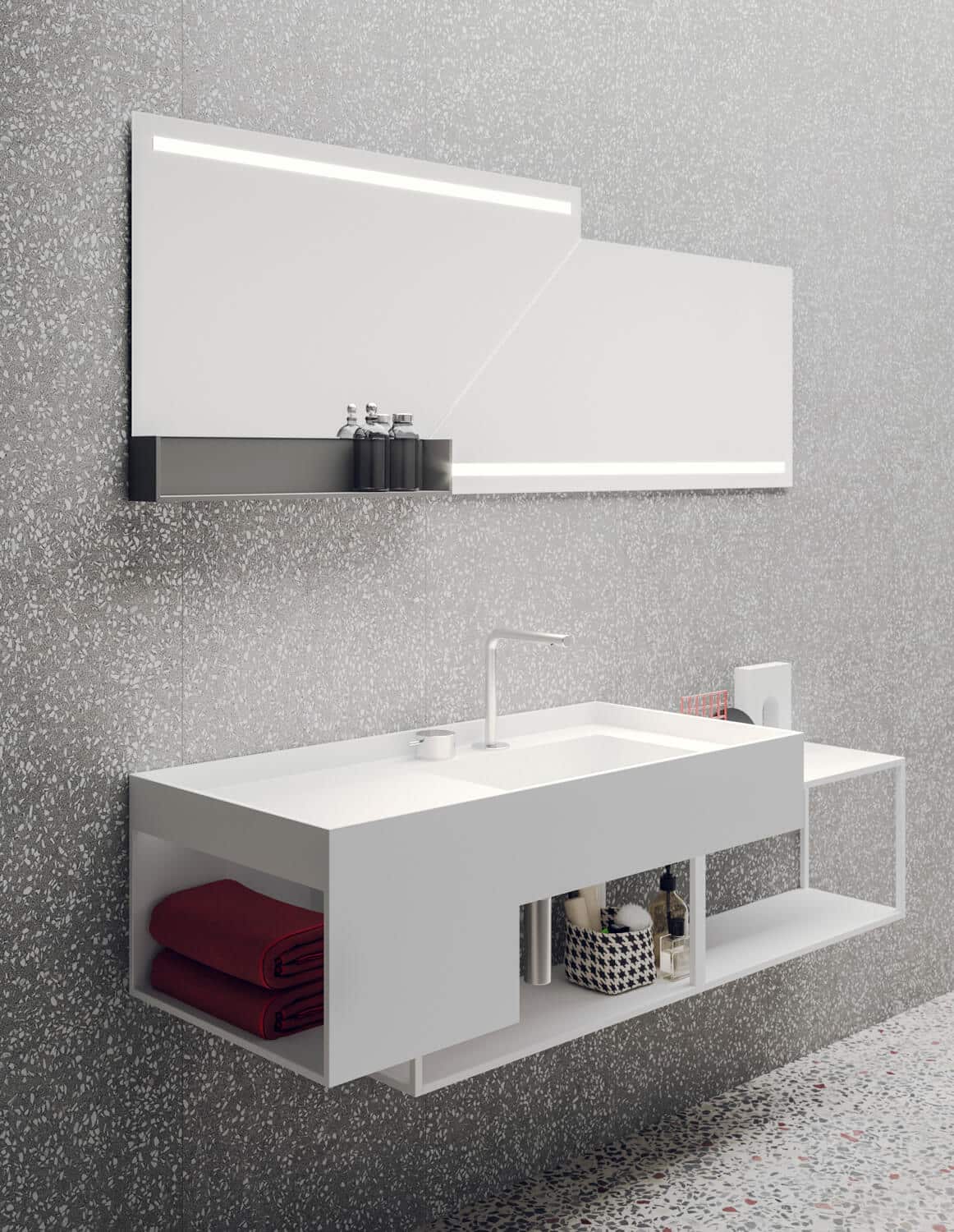 Open storage can take many shapes in the Libera+ bathrooms.