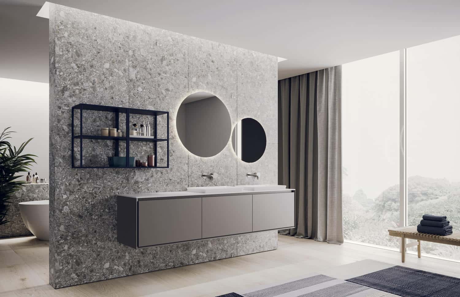 Modern bath with Libera+ floating cabinets and open shelves for the wall.