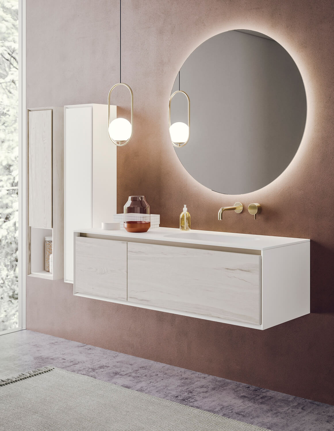 Floating vanity and wall-mounted columns in Rovere Naturale HPL and White matte lacquer. Round mirror with LED back lights.