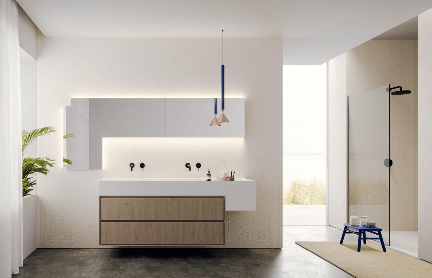 Play with symmetries and asymmetries to design your unique Libera+ bathroom. 