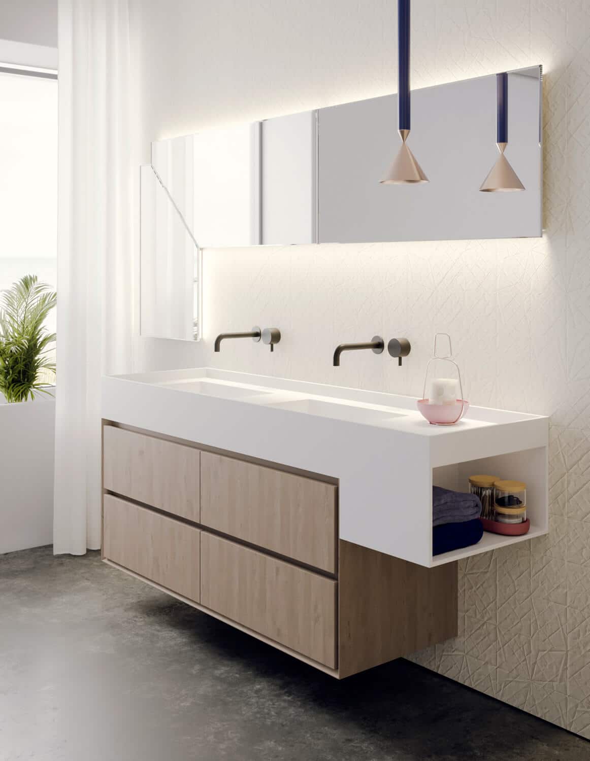 Integrated washbasin in White matte teknorit with all-around lip and side storage for frequently used items.