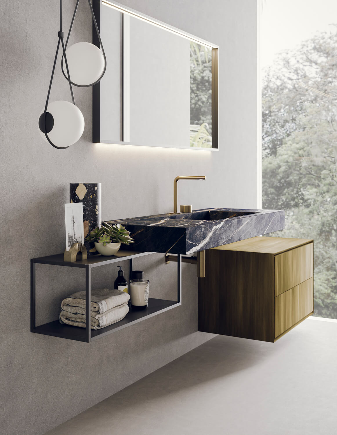 Floating cabinet and wall-mounted open elements bring a modern aesthetic to the bathroom. 