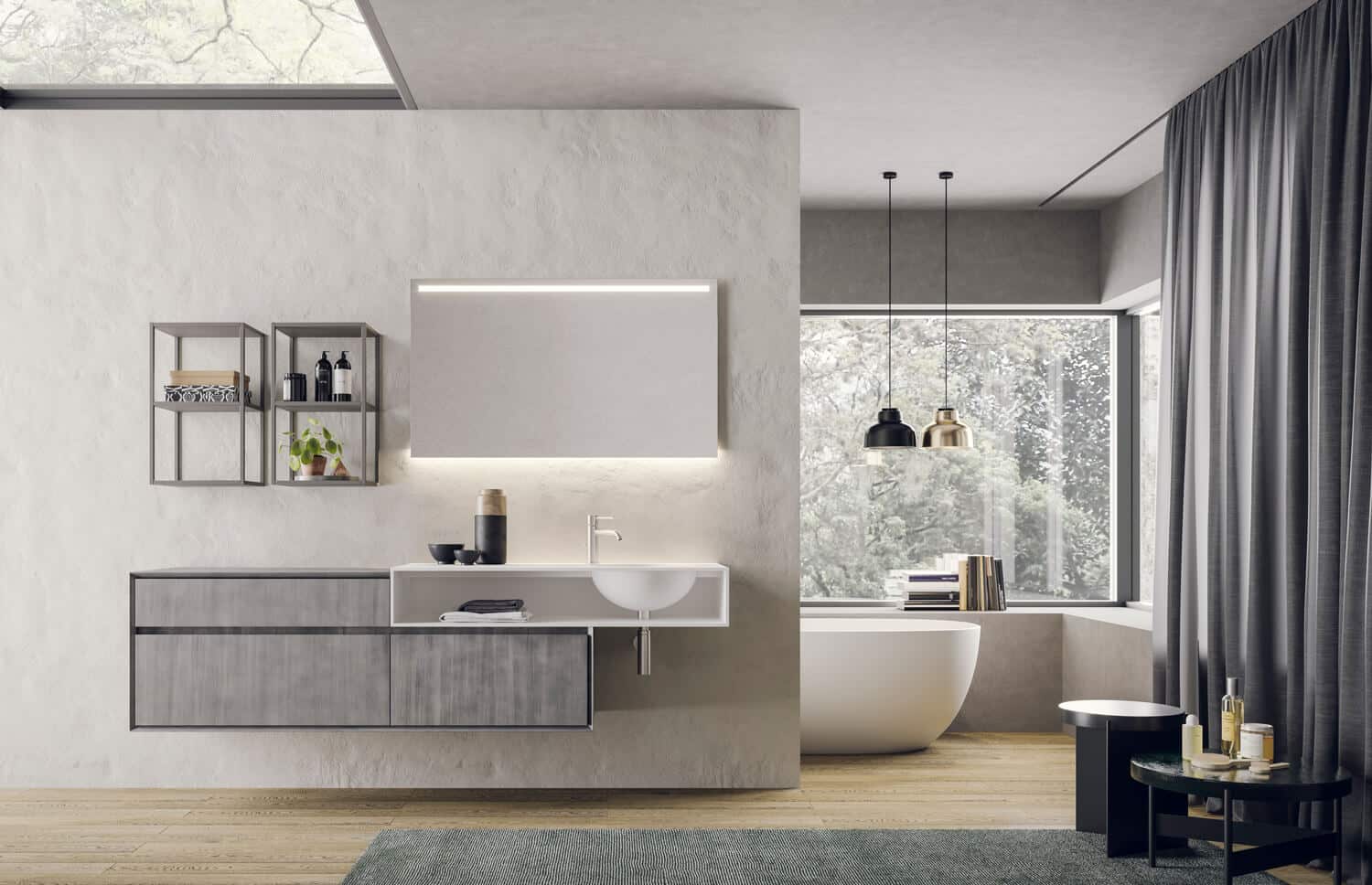 Cabinets in Acciaio metal. Open shelving units: Tortora matte lacquered metal. Washbasin and top: White matte teknorit.