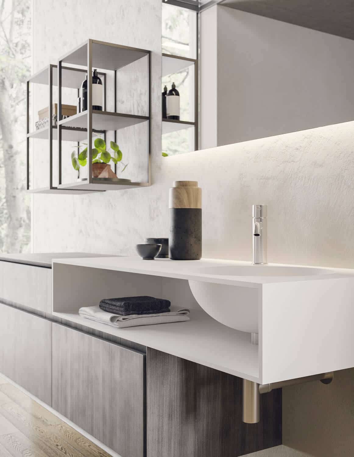 Cabinets in Acciaio metal. Open shelving units: Tortora matte lacquered metal. Washbasin and top: White matte teknorit.