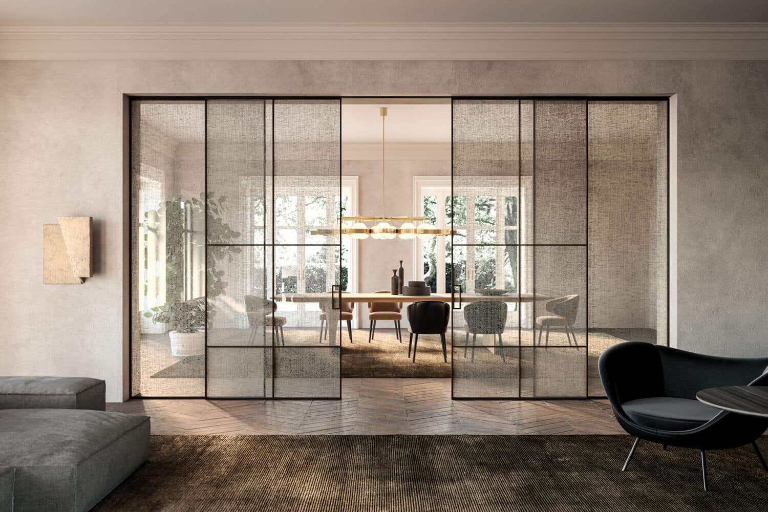 The feel of a room begins at its doors and with the Manhattan line, you can create the desired mood with just a few, very simple details. Shown: Clear glass with Grid 01, Lino decoration, and Moka finish.