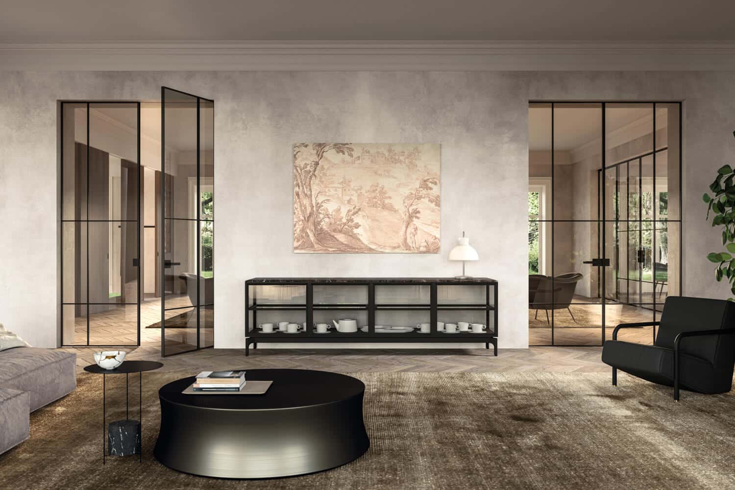 The bronze glass finish of these Manhattan doors brings a layer of depth and ambiance to the room. 