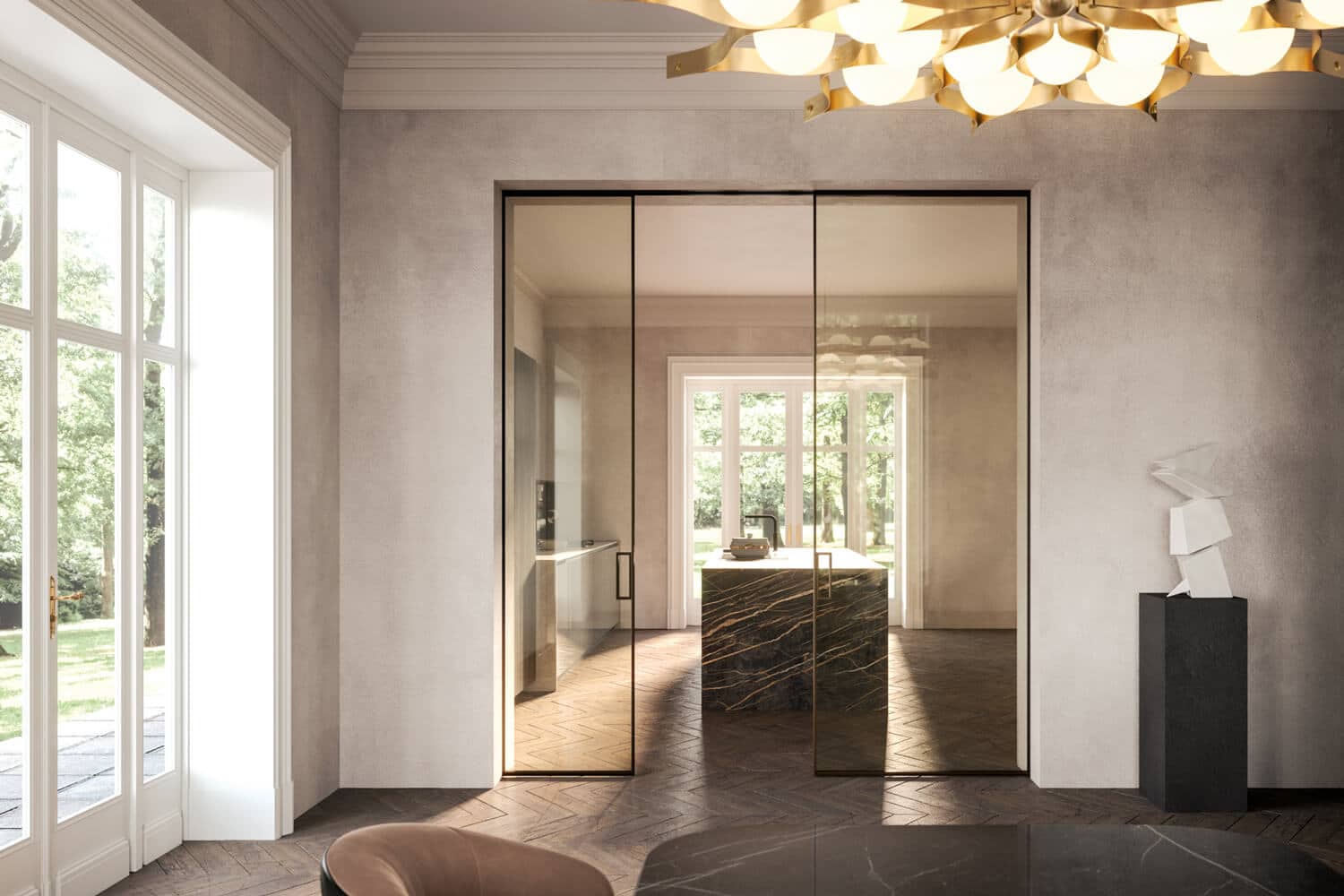 Elegant. Essential. Frameless clear glass sliding doors disappearing into the wall. Square handle. 
