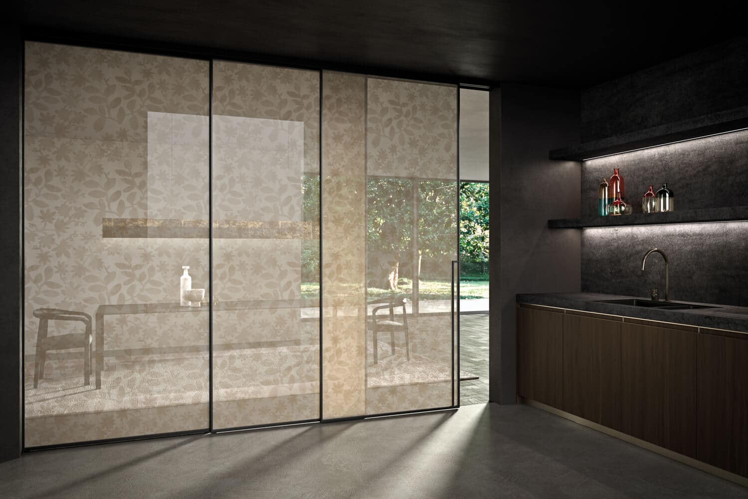Manhattan sliding door with the nature-inspired motif of the Arabesco Plaster decoration.