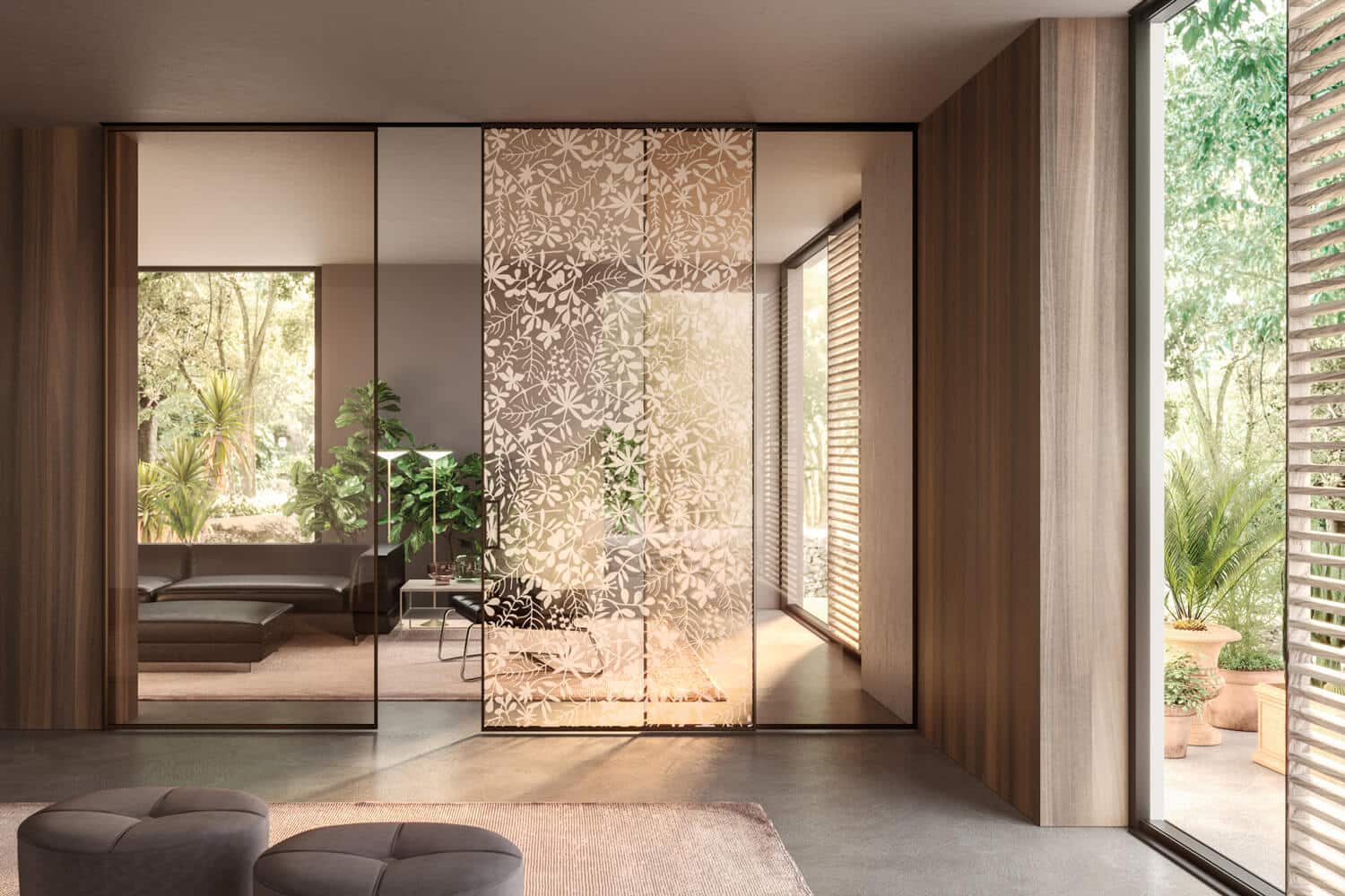 Clear bronze glass doors with Sinfonia decoration; one of the line’s nature-inspired patterns adding movement to the design and “bringing the outside in”.