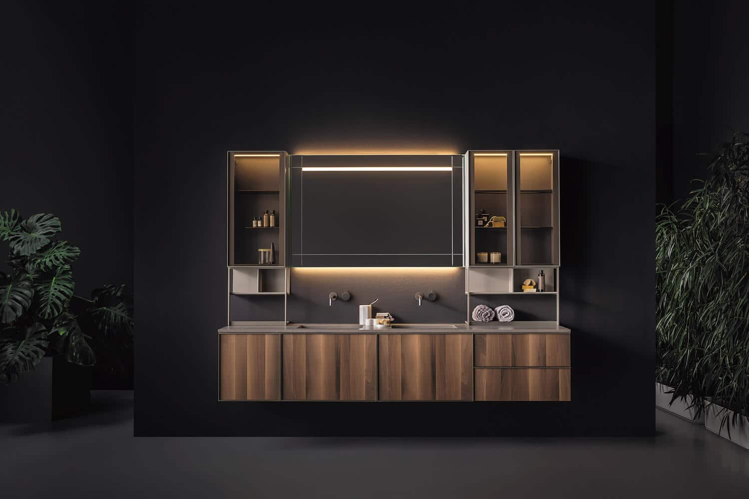 Luxury bathroom design in Noce Affumicato (Walnut), a finish exclusive to the Quari line.