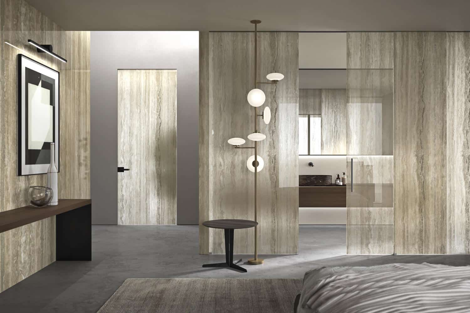 Travertino marbling decoration. The frosted glass (swing door on the left) provides more privacy compared to the choice of clear glass (sliding door to the right), which allows for a see-through effect even with the decoration. 