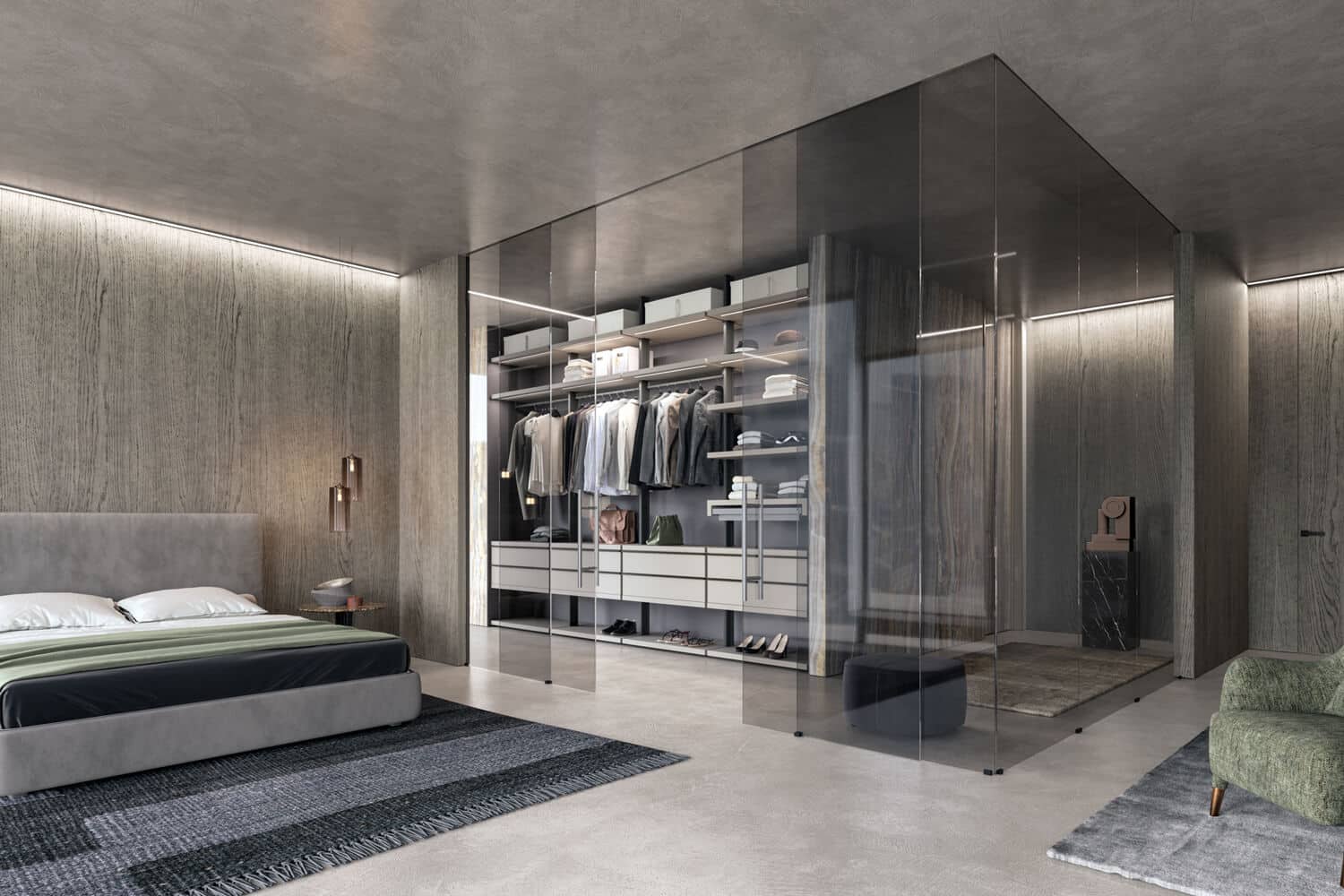 Clear grey inside-sliding doors with matching panels. An ideal solution to separate the walk-in closet while keeping the bedroom feeling expansive.