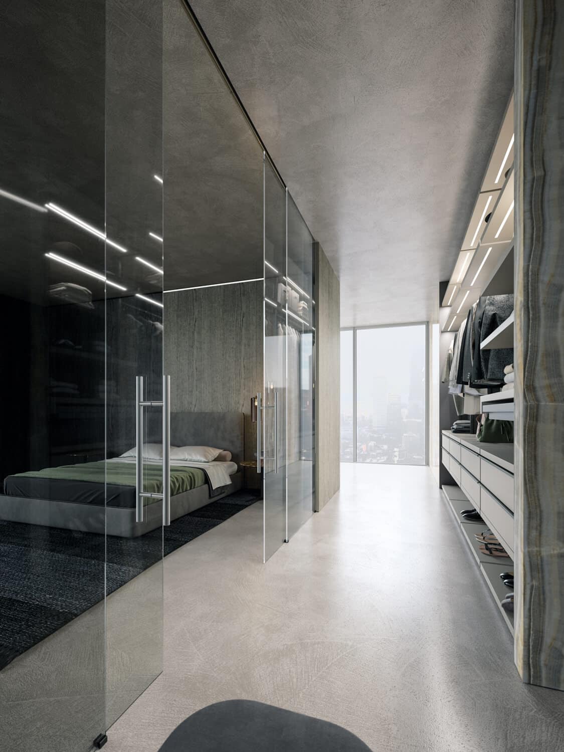 Clear grey inside-sliding doors with matching panels. An ideal solution to separate the walk-in closet while keeping it connected to the bedroom.