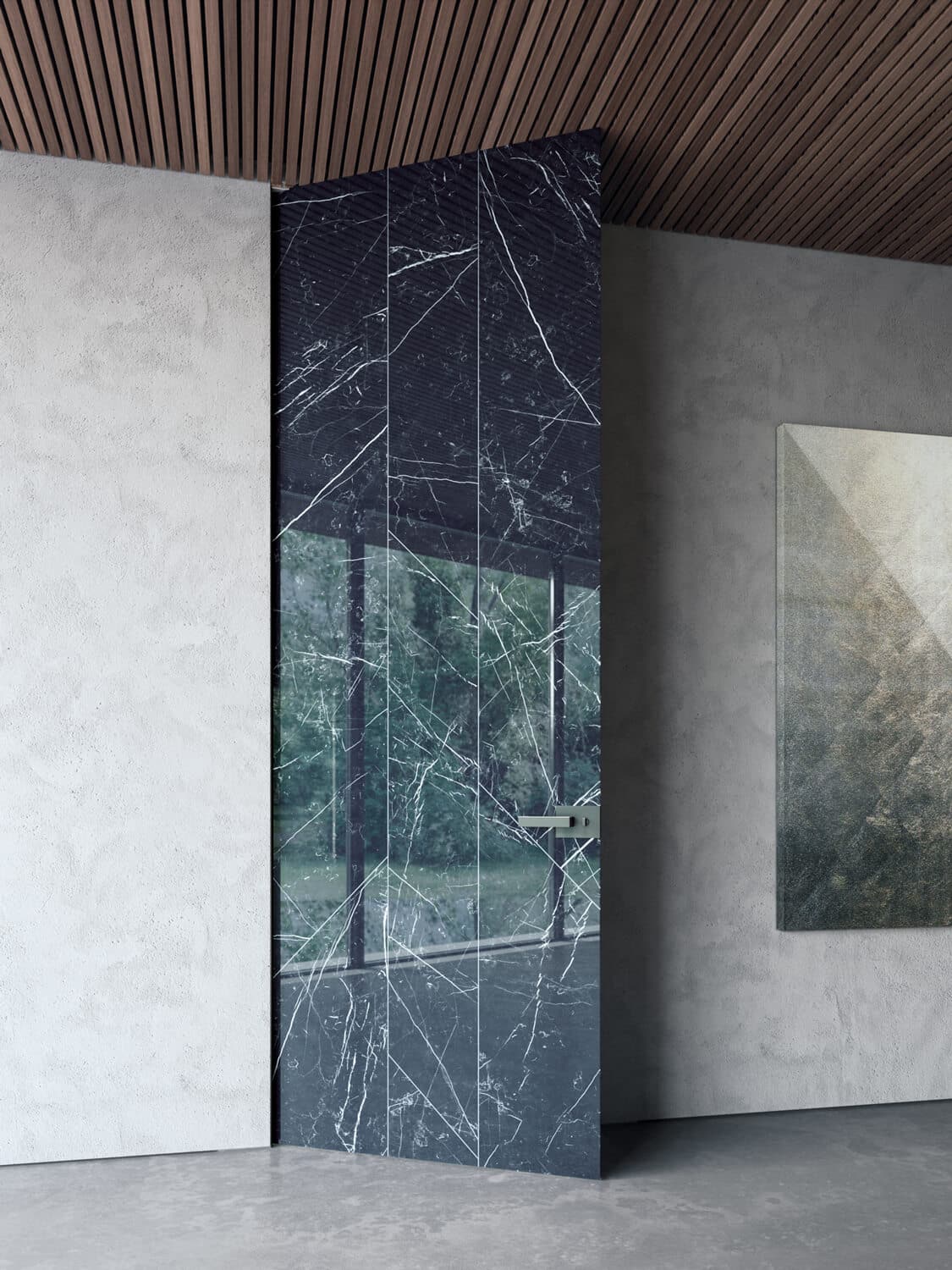 Vitra swing door in frosted glass with Black Marquinia 07 marble decoration.