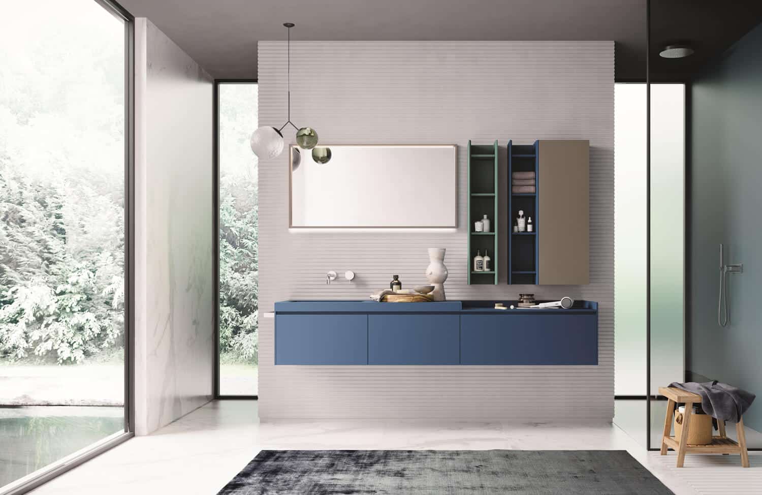 A fun, relaxing color palette well suited for a modern bathroom: Blu Oltremare, Verderame, and Tortora matte lacquers. 