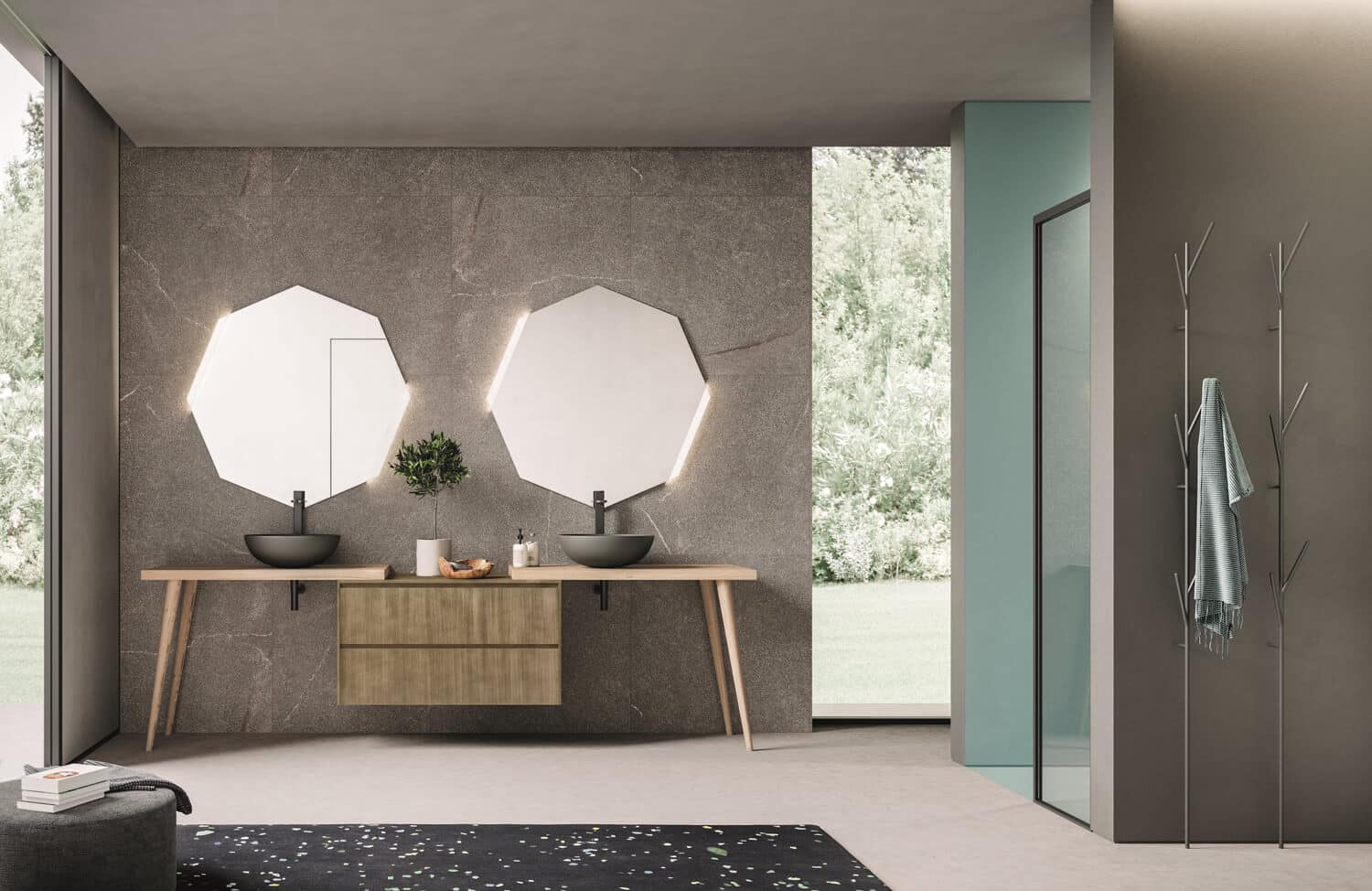 With Calix, playing with shapes is part of the design. Ottone metal cabinet with tops and legs in turned knotted Rovere Naturale. Round washbasins in ceramic and backlit octagonal mirrors.