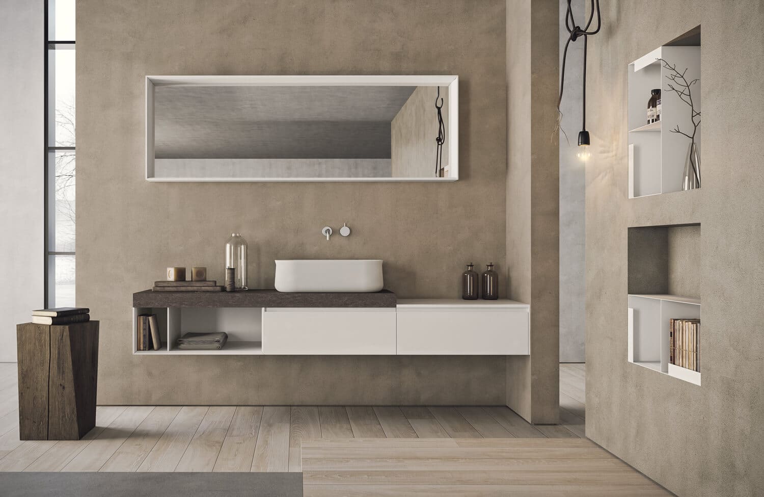 In this modern bath design, contrast comes from the White matte lacquer vanities and the top in Skin HPL, The linear cabinets meet the soft edges of the Flûte washbasin, which evokes the shape of a blossoming tulip.