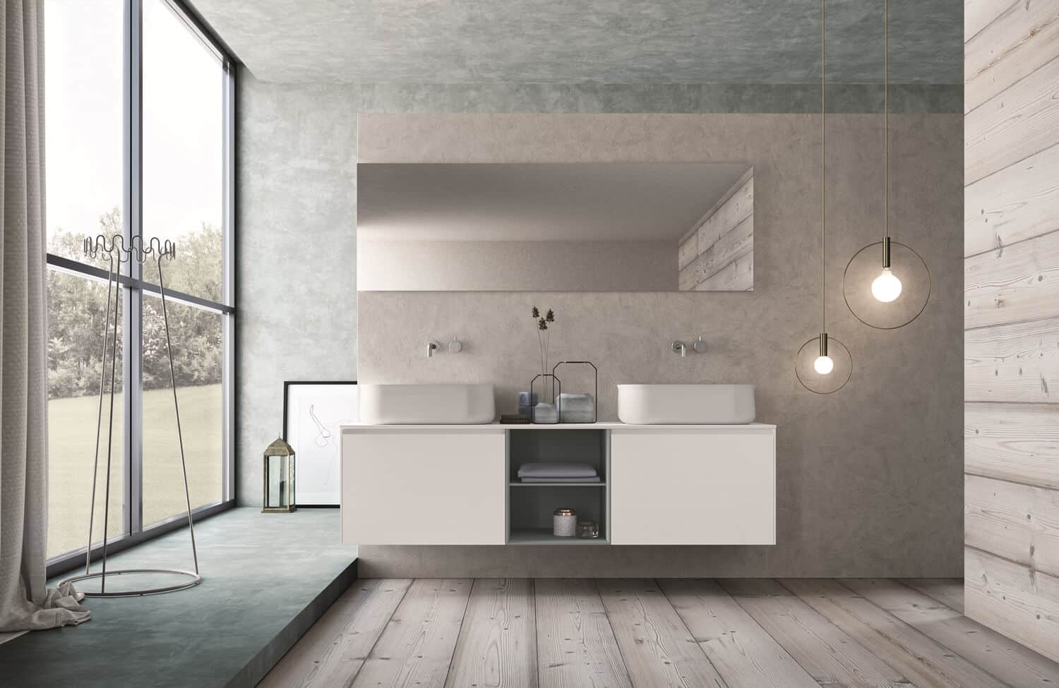 Cabinets in Bianco Stone HPL with open shelves in Azzurro Balena lacquer. Premium mirror. Flûte washbasins.