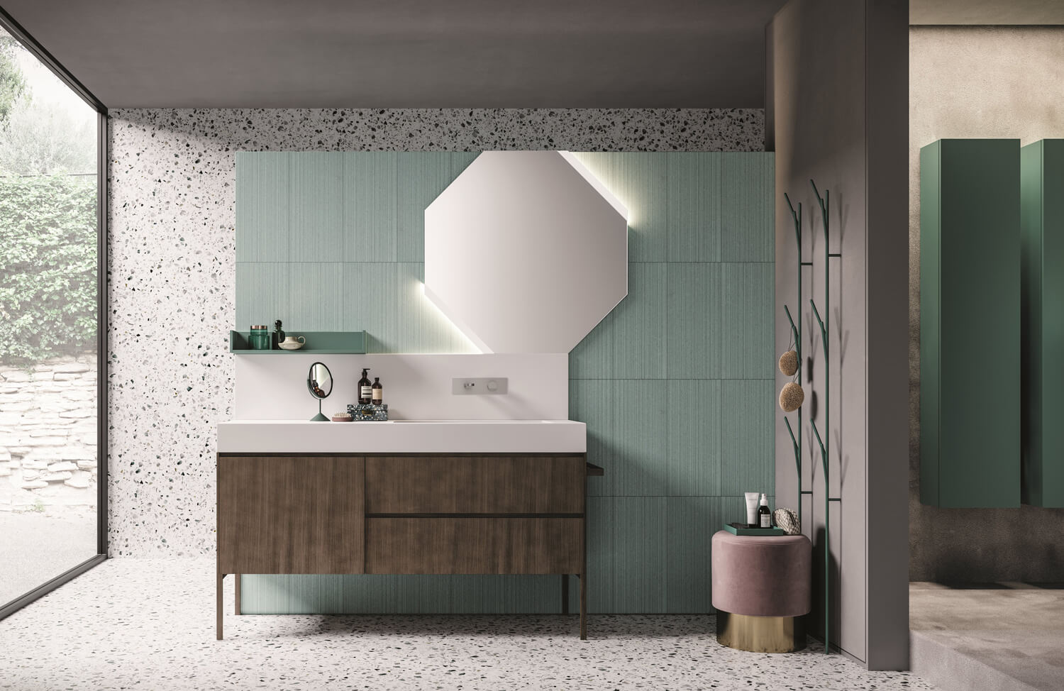 The versatility of Calix allows you to design personalized bathroom environments by playing with shapes, colors, and textures. 