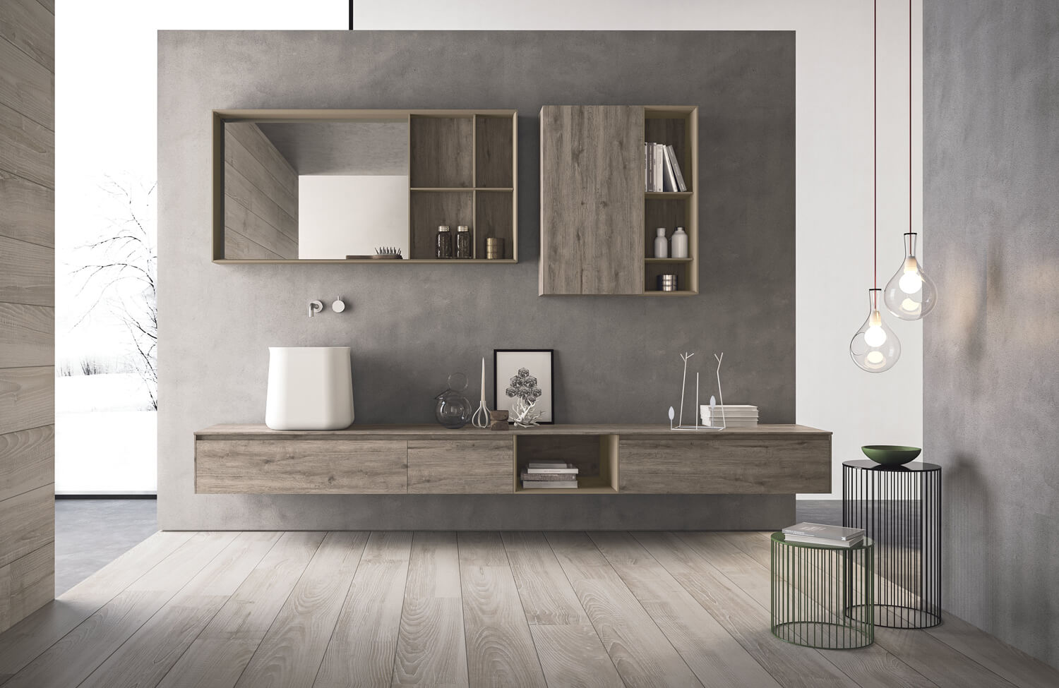 Elegant Rovere Barrique HPL cabinets with open elements and mirror frame in Fango matte lacquer. Tall Flûte washbasin.