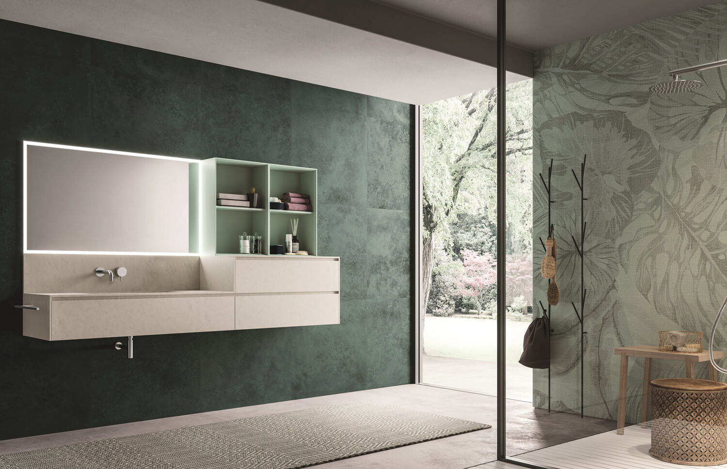 The range of Calix finishes makes it easy to find those that will best fit the palette of choice for your bathroom. Shown: White Cement vanities with shelves in Verde Salice matte lacquer. Moon mirror with frontal perimeter LED lights. 
