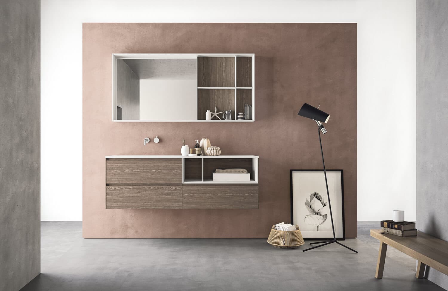 The White matte lacquer details help the vanity and back panel in Rovere Tabacco HPL stand out. 
