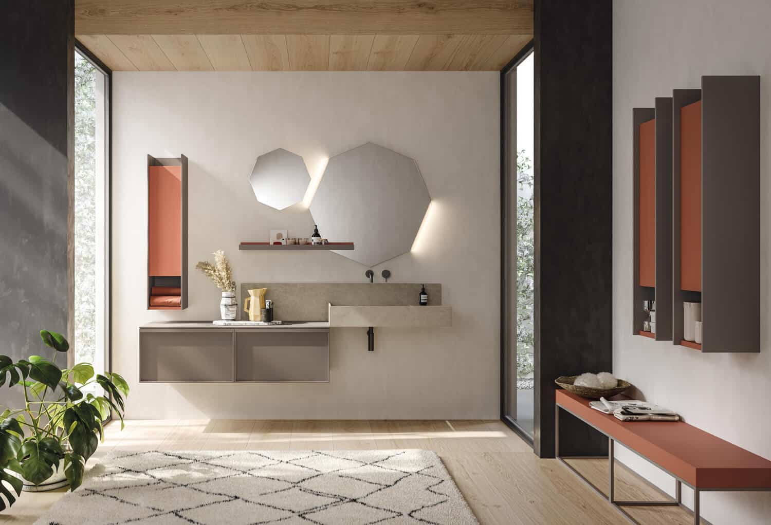 Creative D’ART bathroom design with framed vanities in Tortora matte lacquer. Square washbasin and lip in Grigio Chiaro cement. Tall columns, bench, and shelf match the finish of the vanities and pair it with Terracotta matte lacquer for a fun contrast.  
