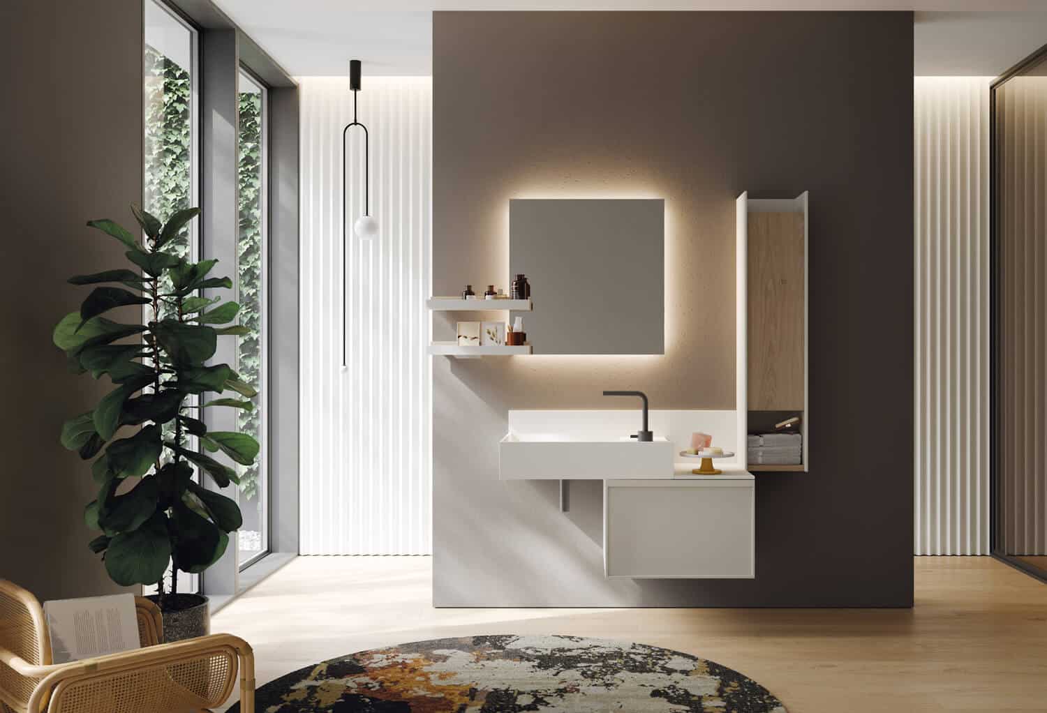 Cabinets in Cenere matte lacquer and Rovere Naturale. Square washbasin with back panel in White matte Teknorit. Premium mirror with perimeter LED lighting.