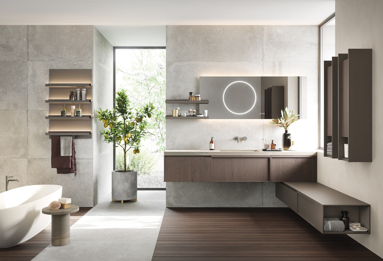 D’ART bath alternating flat and framed vanities. Rovere Tasso wood veneer and Lava matte lacquer. Washbasin top in Pietra Piasentina Grigio Naturale ceramic, a material resistant to shocks, scratches, acids, water and oil infiltrations.  