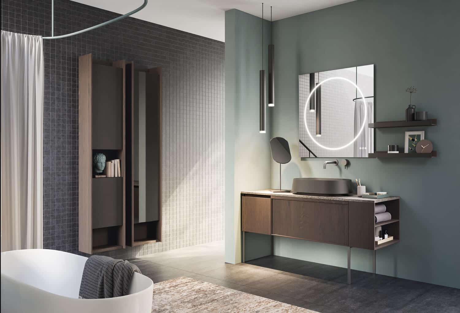 Cabinets with framed door and flat door in Rovere Tasso. Top in Porfido Marrone ceramic. Oval Vulcan washbasin in Lava matte Teknorit. One of the tall columns has a mirrored door. The main mirror has built-in central lights. 
