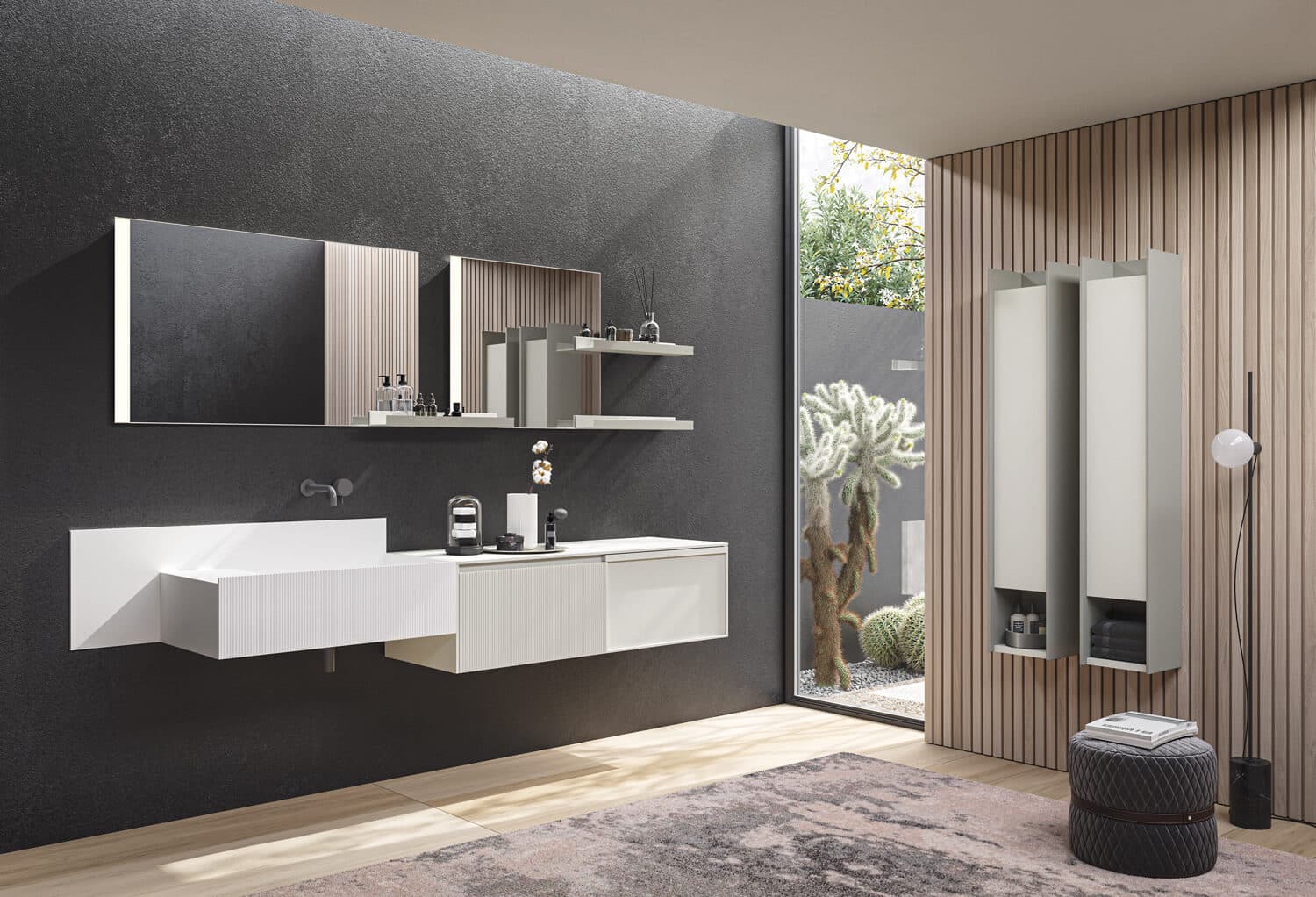 Peltro and Platino matte lacquers on framed and flat, smooth and plissé vanities. Plissé style also used for the front of the Square washbasin. The single shelves can be positioned where desired to tie the design together. 