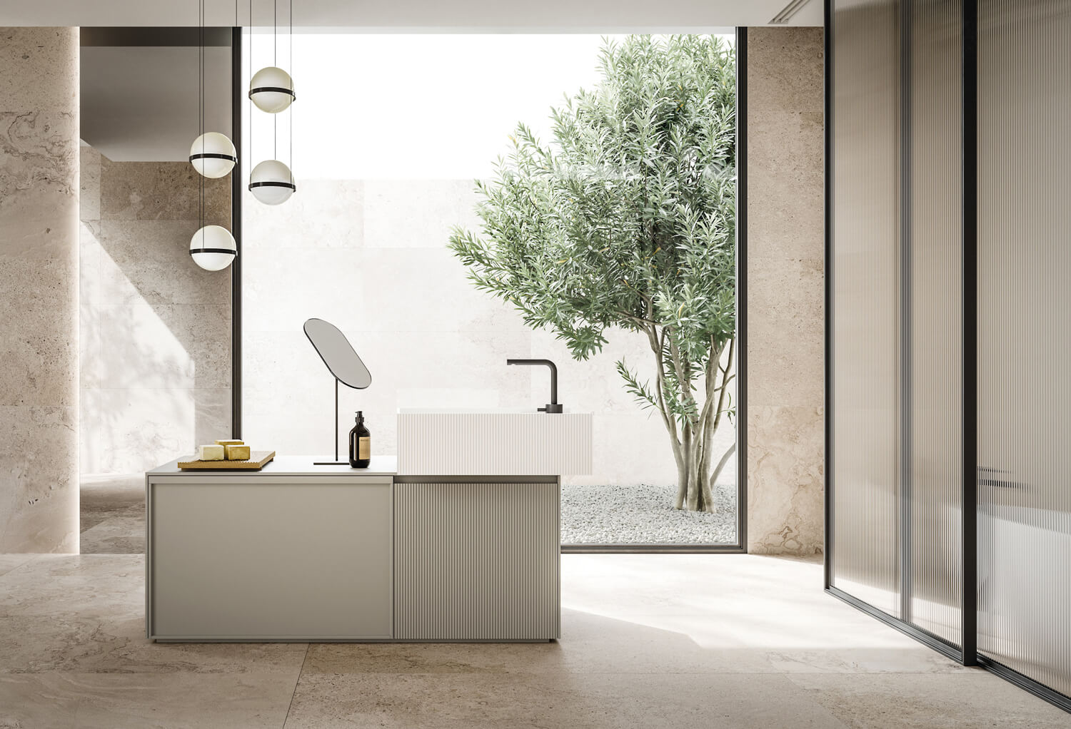 The D’ART bath vanities can be wall-mounted for a suspended effect, fitted with legs or self-standing as in this example. The Square washbasin can be 15 or 22 (shown here) cm high. 