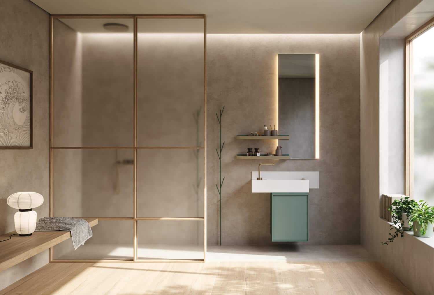 Vanity with plissé doors in Rovere Creta. The door of the tall column is in the same finish, with a structure in Piombo matte lacquer. The ten-sided mirror adds visual variety and its frame in Piombo matte lacquer brings this luxury bath design full circle.  
