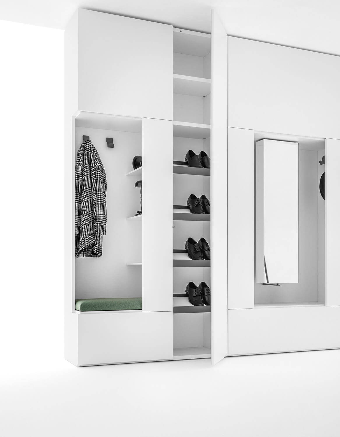 Foyer closet solution featuring a bench, coat hangers, “pocket-emptying” shelves, hidden shoe rack, and the revolving mirror module.