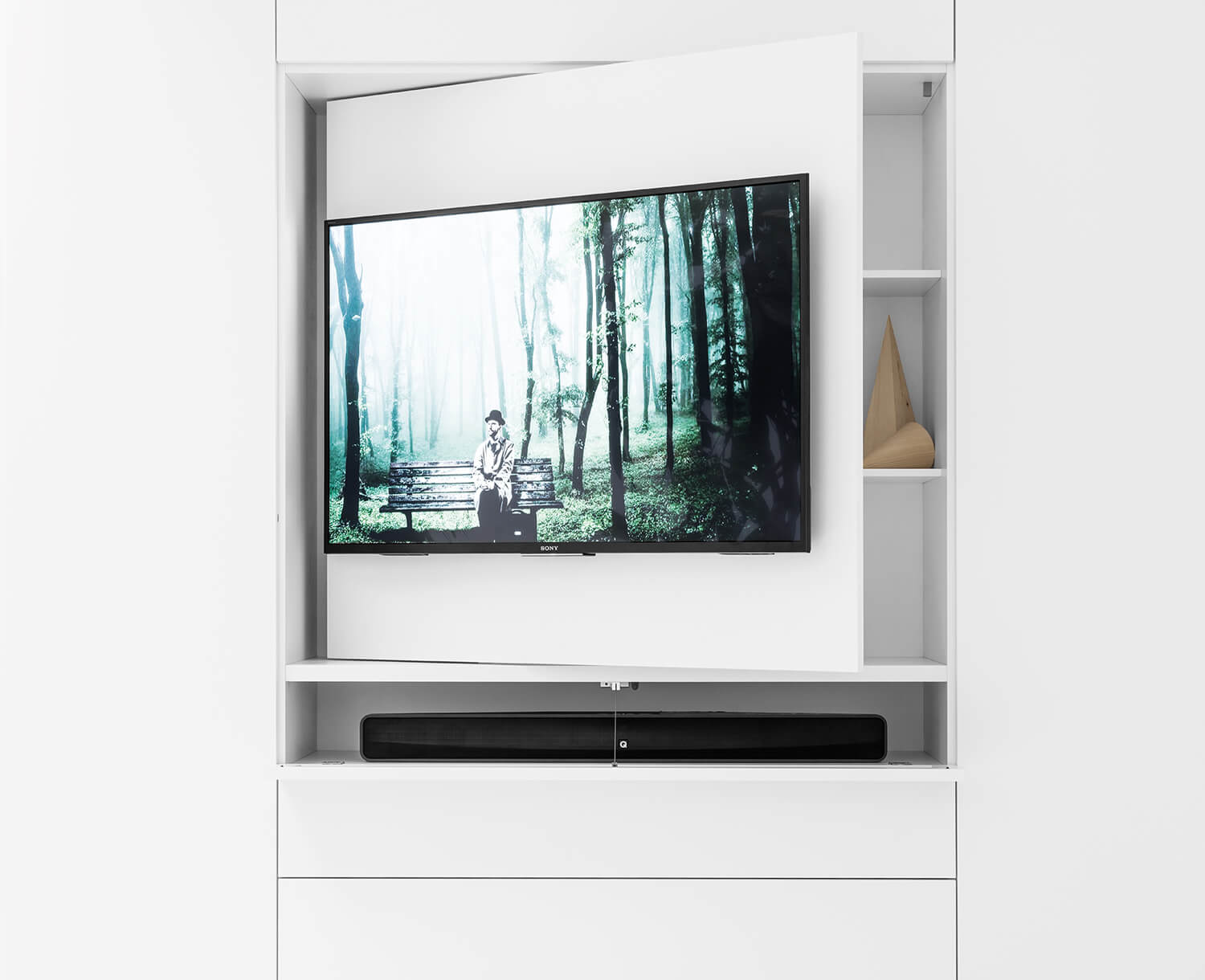 The TV panel rotates to reveal extra storage in the back.