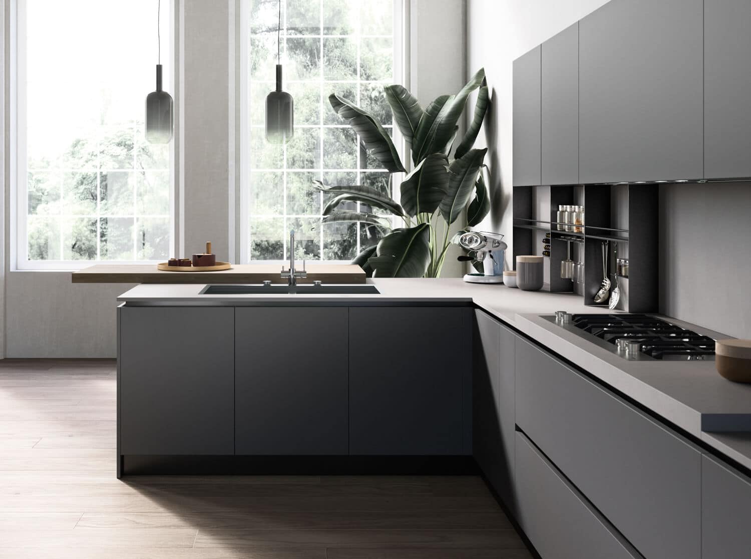 Minimalist kitchen design with corner peninsula. Smooth grey finish.