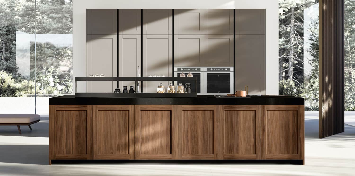 Ligna transitional kitchen design in Walnut wood veneer and Grigio Metro matte lacquer.
