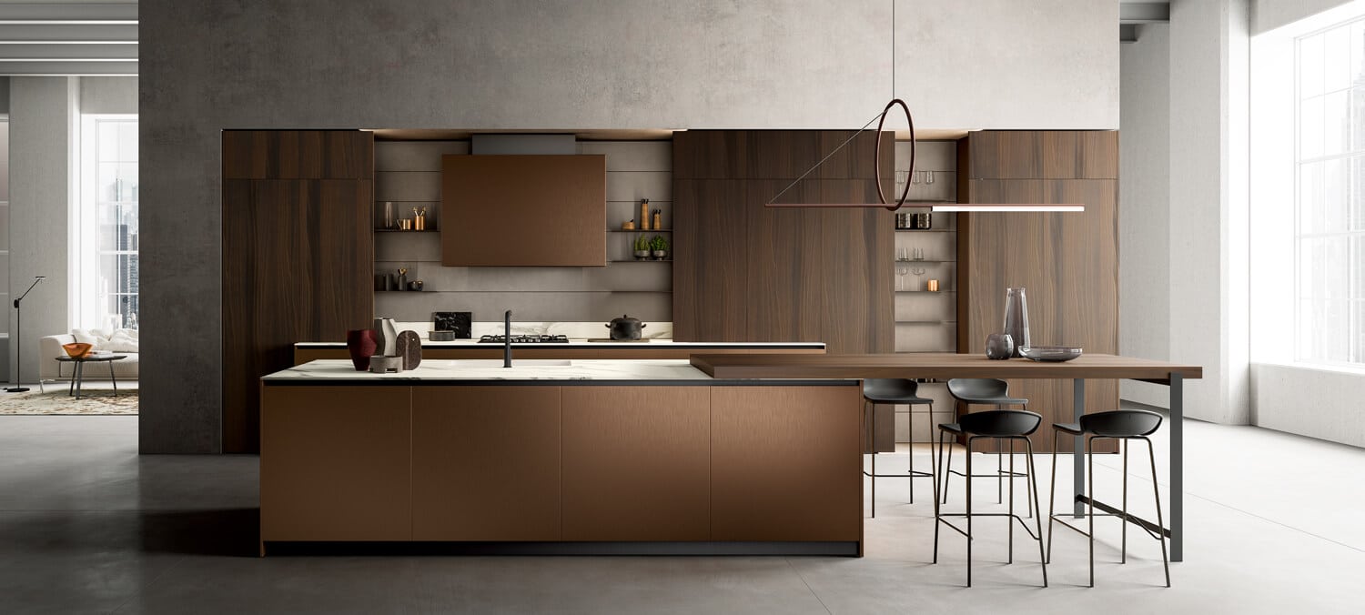 Luxury kitchen in a dark nuanced wood and a brushed metal finish with a textured surface. Front view.