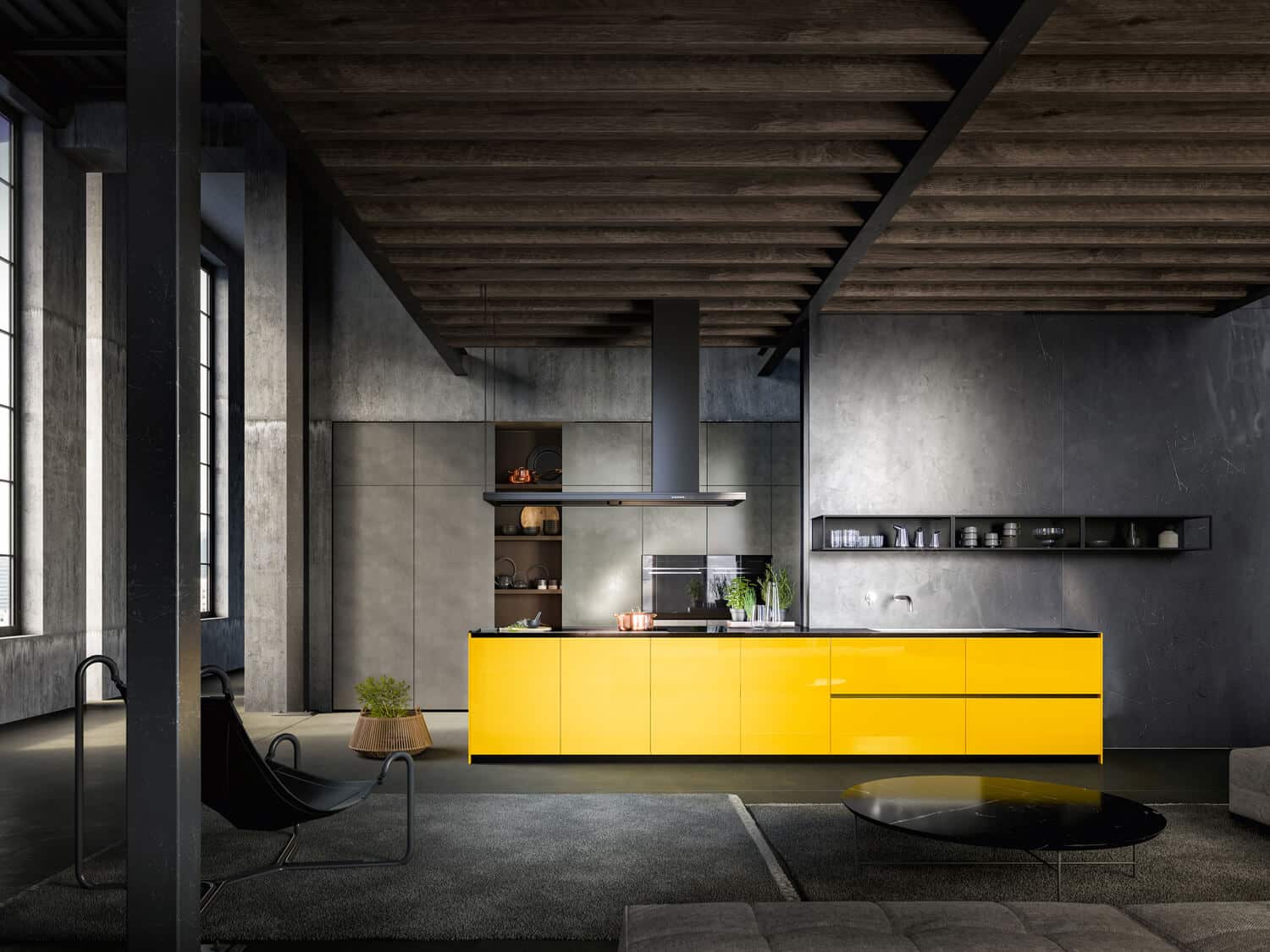 Base cabinets in Giallo Zolfo high gloss lacquer. Tall units in Ghisa Urban lacquer. Shelf boiserie in Foresta oak wood.