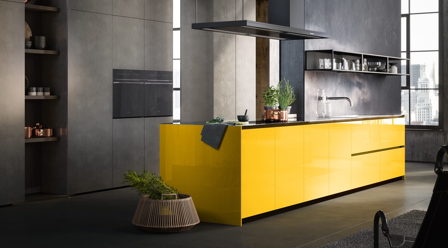 Base cabinets in Giallo Zolfo high gloss lacquer. Tall units in Ghisa Urban lacquer.