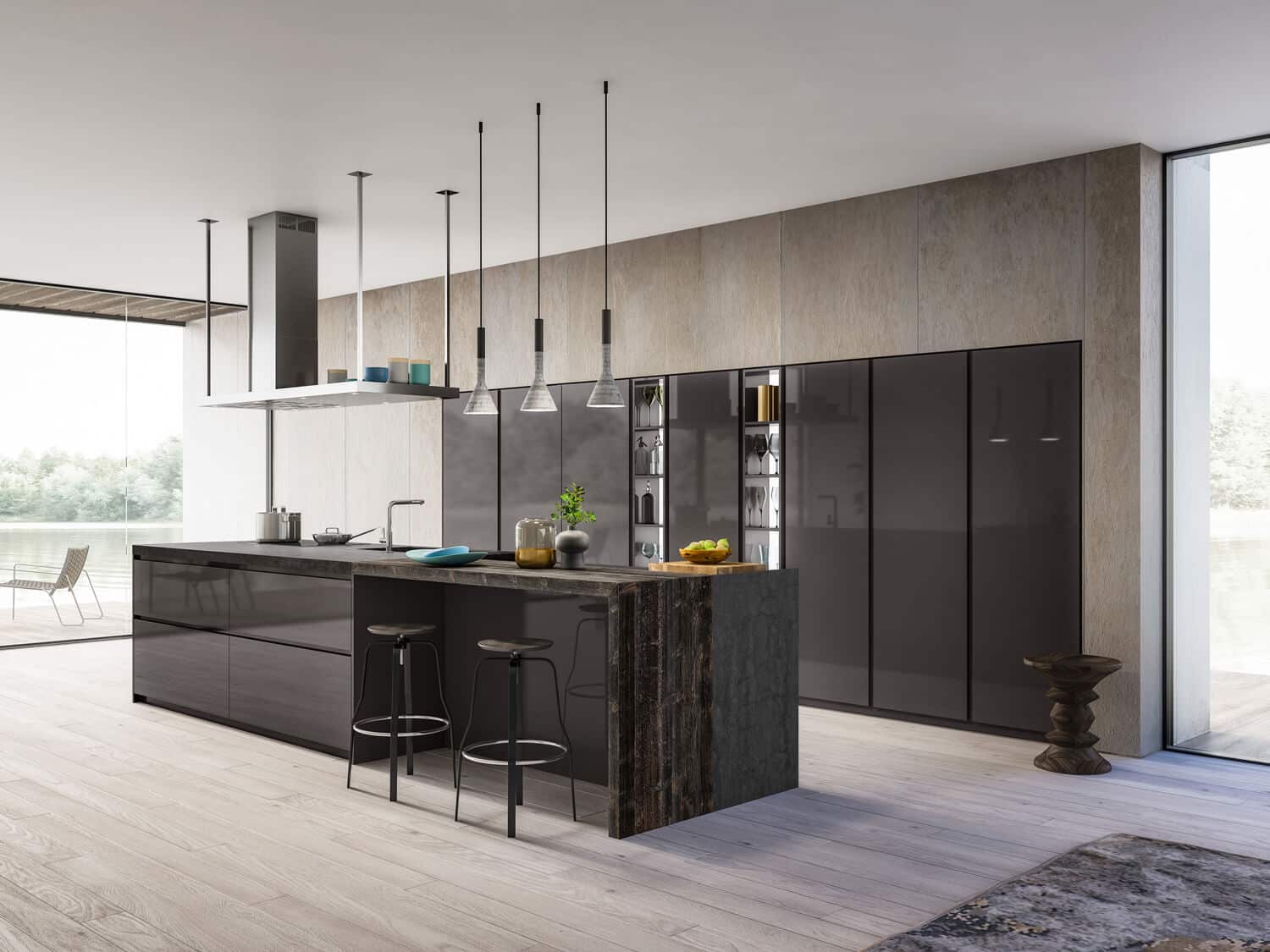 Luxury kitchen island and pantry in dark gray high gloss lacquer.