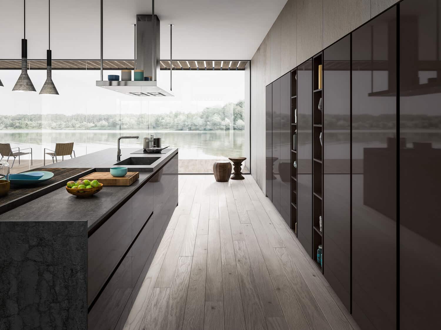 Luxury kitchen in Grigio Fumo high gloss lacquer, with integrated door channels in the same finish.
